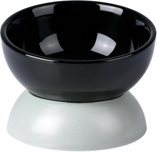 Cat Water Bowl, 16 OZ Ceramic Elevated Cat Bowls, 15° Tilted and Raised Pet Food Dish, Anti Vomiting Protect Pets' Spines and Whisker Fatigue, Black & Gray