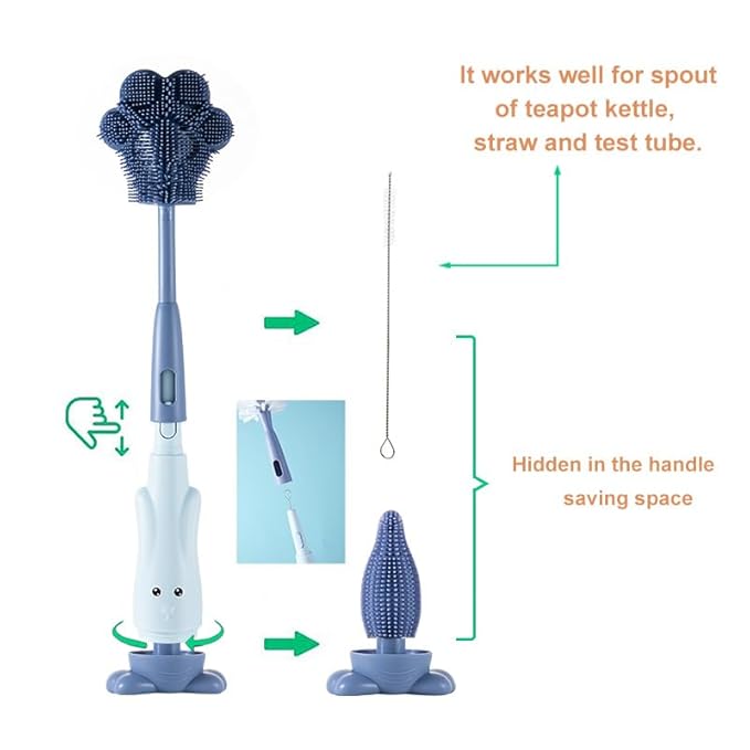 Chemimoso Cup Cleaning Brush, Silicone Baby Bottle Brush with Stand, Large Handle Water Bottle Brush Cleaner Set, with a Tiny Cup Lid Gap Cleaning Brushes Kit, Pawprint, Blue