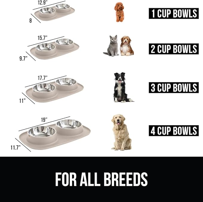 GORILLA GRIP Feeding Mat Set, Patent Pending 100% Waterproof BPA Free Silicone, Stainless Steel Cat and Dog Bowls, Slip Resistant, High Edges Catch Water Food, US Designed Pet Accessories, 2 Cup Beige