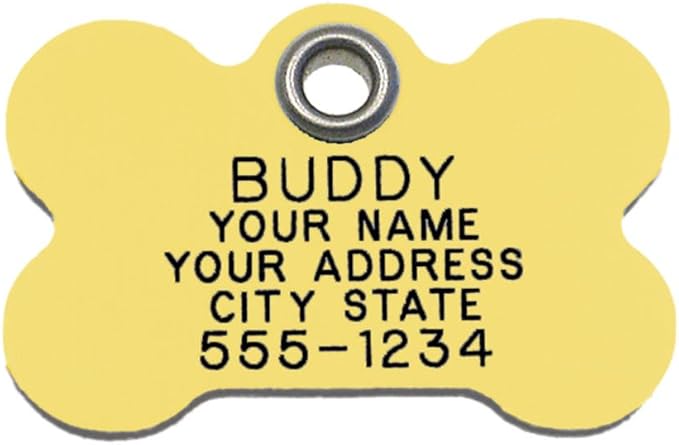 Durable Plastic Pet ID Tag, Outlasts Cheap Aluminum Tags for The Same Price, Custom Engraved, Large Yellow Bone