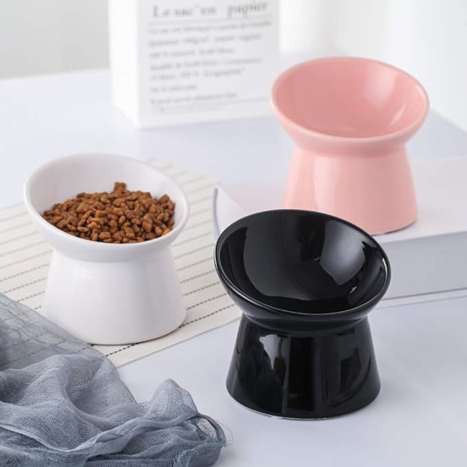 Black Small Ceramic Raised Cat Bowls, Tilted Elevated Food or Water Bowls, Stress Free, Backflow Prevention, Dishwasher and Microwave Safe, Lead & Cadmium Free