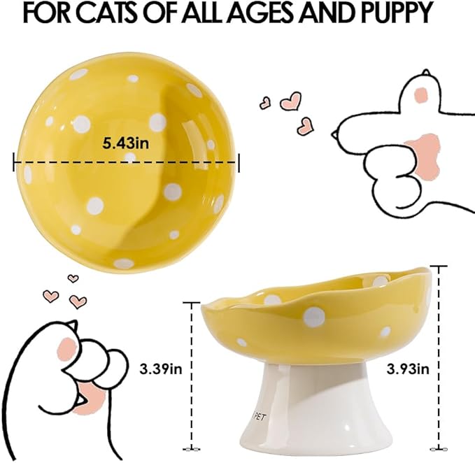 Ceramic Elevated Cat Bowls, Tilted Raised Pet Dish Anti Vomit Kitten Bowl for Indoor Cats, Whisker Friendly Pet Food and Water Bowl for Kitten, Cat, Puppies, Dishwasher Safe (Yellow)