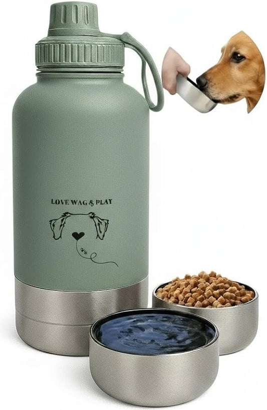 Love Wag & Play Dog Water Bottle Portable – 2 in 1 Stainless Steel Bowl for Food, Water – Leakproof Portable Water Bowl for Dog with Carry Loop – Detachable Design – Ideal for Kibble, Treats – Green