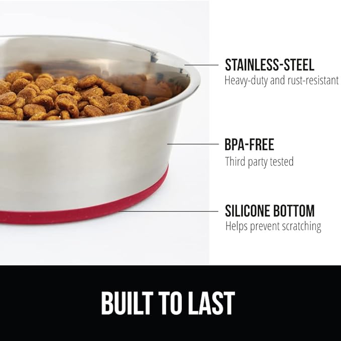 GORILLA GRIP Dog Bowl, Holds 8 Cups (64 fl oz), Heavy Duty Metal Food and Water Bowl for Feeding Dogs and Cats, Easy Clean, Dishwasher Safe, Rust Resistant Stainless Steel, BPA Free Rubber Base, Red