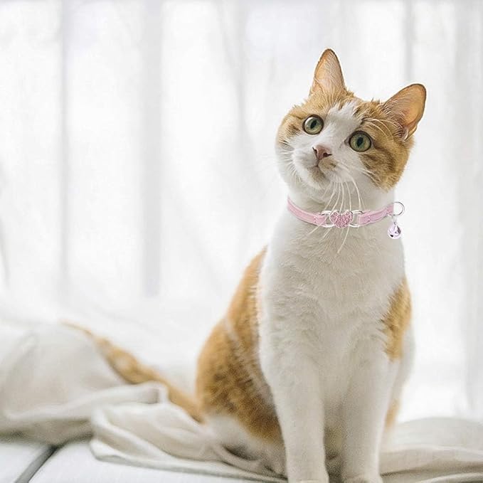 BINGPET Cat Collar Breakaway with Bell, Pack of 2 Heart Bling Collar Safety with Soft Velvet Adjustable for Kittens
