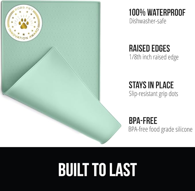 GORILLA GRIP 100% Waterproof Raised Edge BPA Free Silicone Pet Feeding Mat, Dog Cat Food Mats Contain Spills Protects Floors, Placemats for Cats and Dogs Water Bowl, Pets Accessories 23x15 Mint