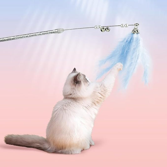 Pawfect Tail Cat Wand Toys, 5Pcs Interactive Kitten Feather Wand Toys for Bored Indoor Cats, Cat Teaser Wand with Bell and Crinkly Paper, Blue