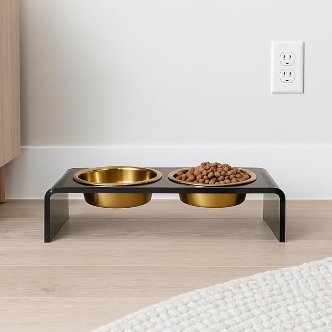 Hiddin Double Elevated Dog Bowl Stand for Small or Medium Dogs, All Breeds, Smoke Grey Acrylic 3.5 Inch Raised Dog Bowl Stand with Two Gold Bowls for Food and Water - 1.5 Cups Each Dish