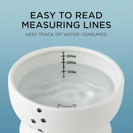 Necoichi Raised Cat Water Bowl, Elevated, with Measurement Lines, Dishwasher and Microwave Safe (Cat, Regular),White