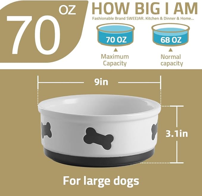 Sweejar Ceramic Dog Bowls with Bone Pattern, Dog Food Dish for Large Dogs, Porcelain Pet Bowl for Water 70 Fl Oz (Beige)