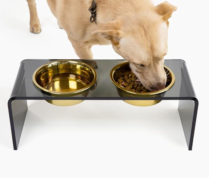 Hiddin Double Elevated Dog Bowl Stand for Small or Medium Dogs, All Breeds, Smoke Grey Acrylic 7 Inch Raised Dog Bowl Stand with Two Gold Bowls for Food and Water - 3.5 Cups Each Dish