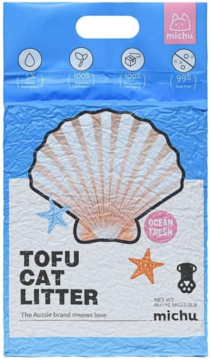 Michu Tofu Cat Litter Natural Clumping Tofu Cat Litter, Fast Clumping and Easily Scoop-able 5.5lb/88oz 5 Scents - Ocean Fresh, 8 Pack