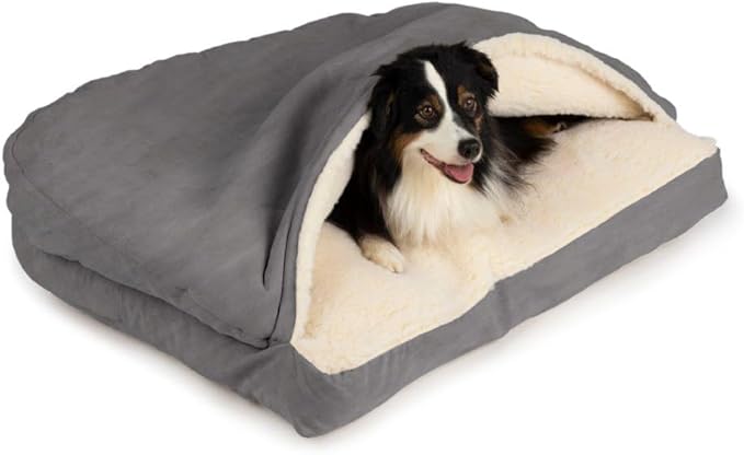 Snoozer Rectangle Cozy Cave Dog Bed - Indoor Dog Bed with Cover Cave, Covered Calming Burrow for Medium & Large Sized Pets with Blanket Attached, Enclosed, Washable Cover - Large, Heather Gray