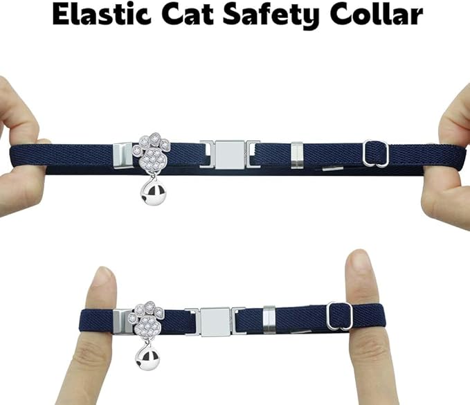 Personalized Safety Elastic Cat Collars with Bell,Laser Customized Stretch Kitten Collars for Girls Boys Cats-Navy Blue