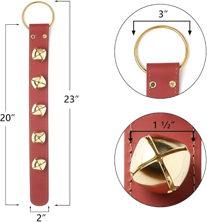 Bevin Bells Leather Sleigh Bell Strap | Five (1 ") Bells | Brown/Brass | Door Hanger | Dog Potty Training | Made of Steel | Christmas Holiday Decoration | Sturdy Hanging Loop | Made in CT, USA