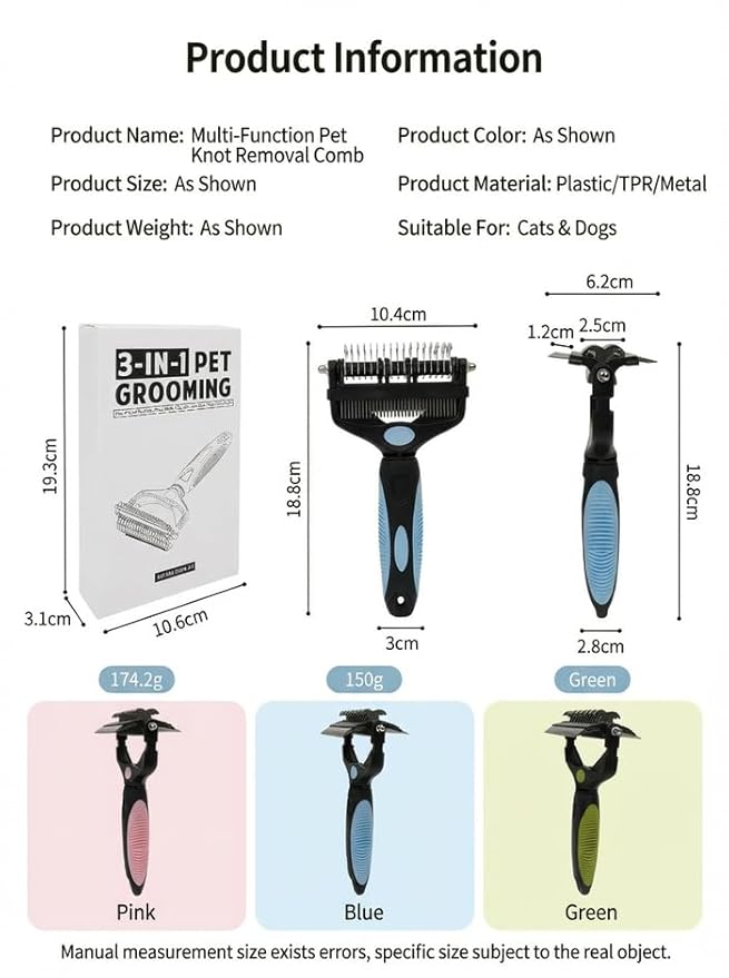 3-in-1 Pet Grooming Tool & Undercoat Rake, Retractable Dematting Comb for Dogs and Cats, Deshedding Brush for Removing Mats, Tangles, and Loose Hair