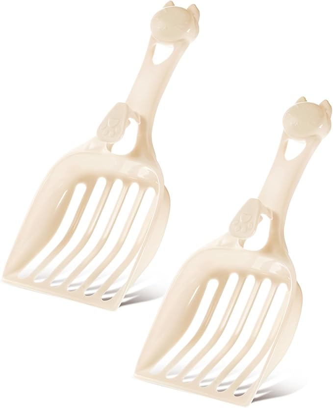 2pcs Cat Litter Scoop, Wide Slats Kitty Litter Sifter Deep Shovel Easy Speed Pooper Lifter Durable Plastic Comfy Handle Captures All Clumps for Pine Pellets Box (Milky White)