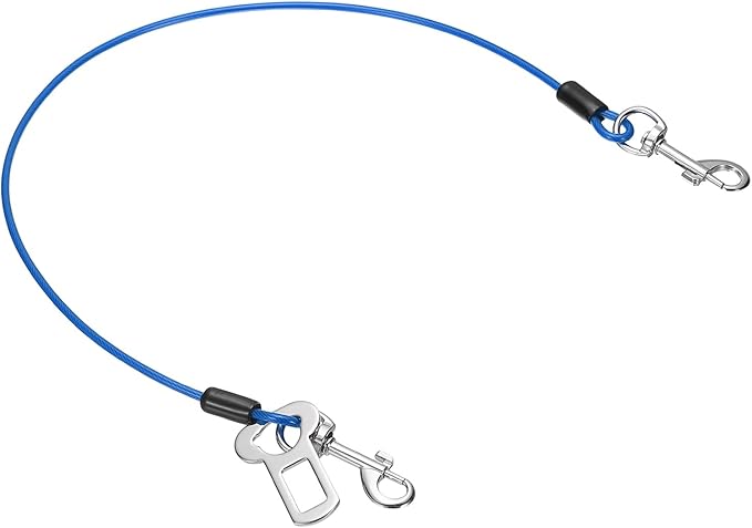 PETAXCELL Chew Proof Dog Leash, 24 in Dog Seat Belt Harness with Double Clips Leash Extender Steel Braided Vehicle Tether, (Blue, 1 Pcs), Intended for Pet Car Safety/Walking/Training