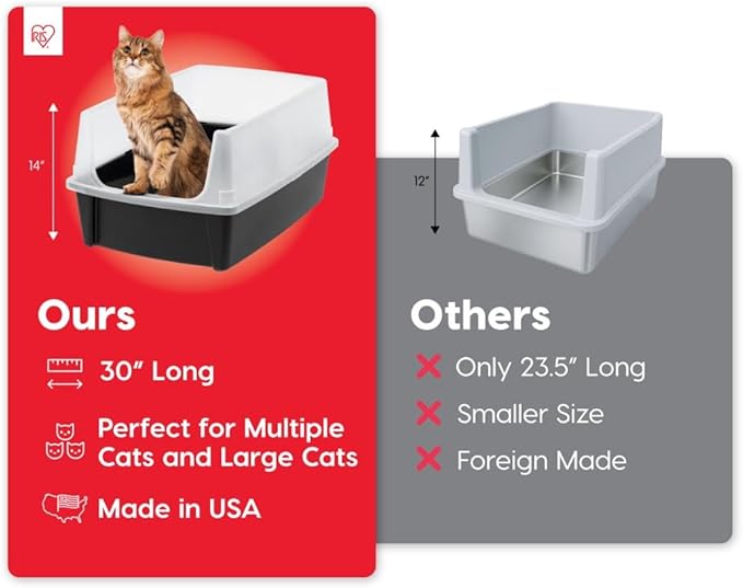 IRIS USA XX-Large Cat Litter Box, Open Top Extra Large Litter Box for Big Cats and Multi-Cat Households, High Sided Scatter Shield, Easy to Clean, 30"L x 20"W x 14"H, Black