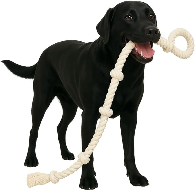 GOGOTAIL Heavy-Duty 51" White Cotton Rope Dog Toy – 6-Knot Tug & Dental Chew with Loop – Durable, Washable, Natural & Safe for Medium & Large Dogs – Indoor & Outdoor Play