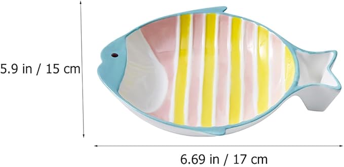 SHINEOFI Fish Shape Ceramic Cat Water Bowl, Multi-Function Household Kitten Bowl for Indoor Cats, Pink and Yellow Striped Pet Feeding and Water Dish