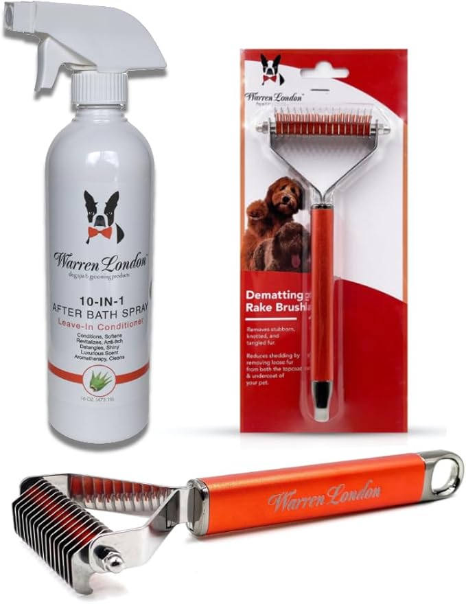 Warren London 10-in-1 Dog Spray & Rake Brush Combo | Detangles, Softens & Reduces Shedding | 16oz After Bath Spray + Dematting Rake | $40 Value – Now $29.99