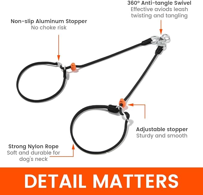 Howgo Double Slip Leash Slip Lead | Dual Dog Lead for 2 Dogs,360° Swivel No Tangle | Dog Training Nylon Leash and Collar | Double Clip Coupler and Splitter | Lightweight Aluminum (Black, 3FT)