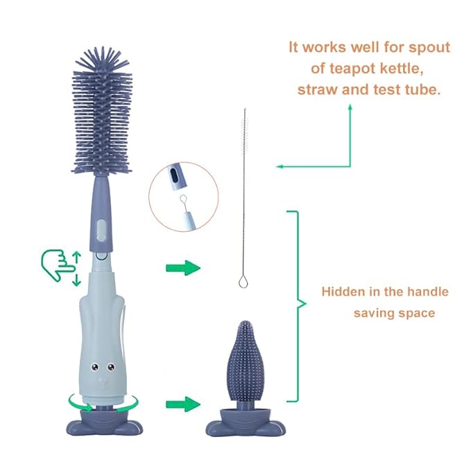 Chemimoso Cup Cleaning Brush, Silicone Baby Bottle Brush with Stand, Large Handle Water Bottle Brush Cleaner Set, with a Tiny Cup Lid Gap Cleaning Brush, Cup Lid Cleaner Brushes Kit, Green