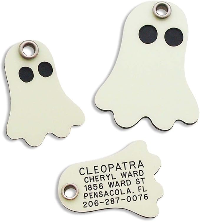 Pet ID Tag - Ghost - Glows in The Dark - Custom Engraved Dog & cat Tags. Size: Large