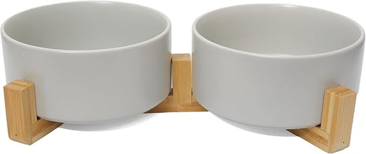 OniAnt Dog Food Bowl, 13.5 oz Ceramic Food and Water Bowls for Dogs, Pet Dishes Set with Wood Stand, for Small Size Dog and Cat, No Spill Feeding Station with Weighted Base, Grey