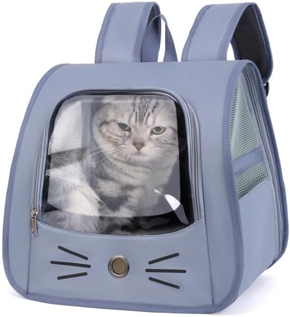 Pet Backpack Carrier, Traveler Breathable Transparent Carrier for Cats or Dogs, Large Space and Foldable Pet Carrier for Travel, Hiking, Shopping, and Vet (Blue)