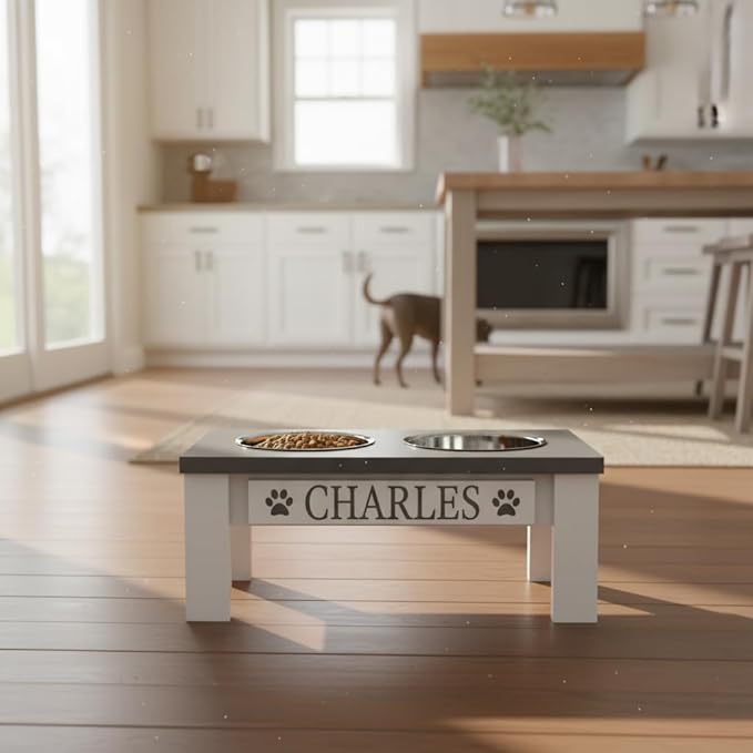 GTW Classic Dog Feeder - Elevated Stand with Stainless Steel Bowls Farmhouse Style, Anti-Slip, Easy Clean, Chic & Durable Design (Small, Grey)