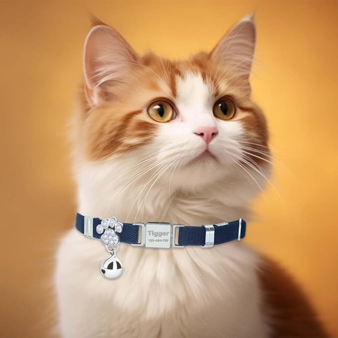 Personalized Safety Elastic Cat Collars with Bell,Laser Customized Stretch Kitten Collars for Girls Boys Cats-Navy Blue