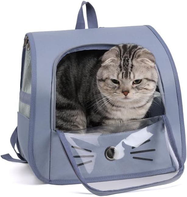 Pet Backpack Carrier, Traveler Breathable Transparent Carrier for Cats or Dogs, Large Space and Foldable Pet Carrier for Travel, Hiking, Shopping, and Vet (Blue)