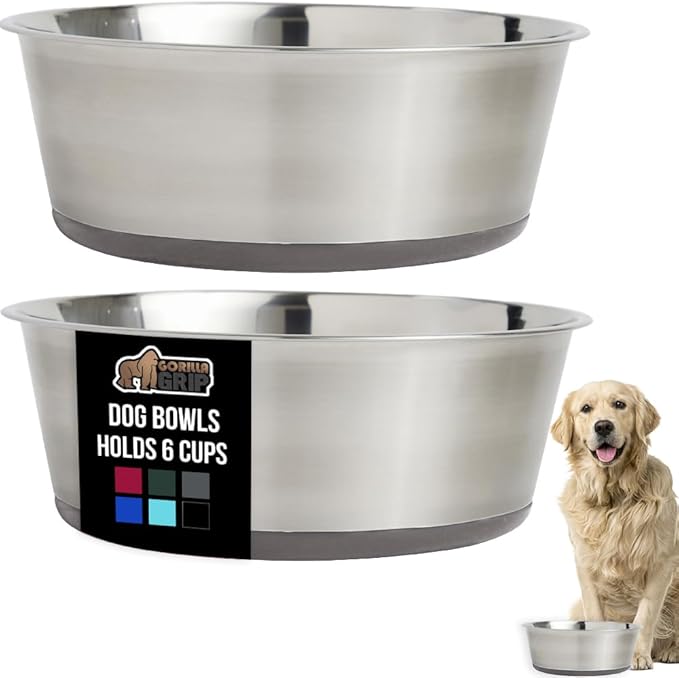 GORILLA GRIP Set of 2 Dog Bowls, Holds 6 Cups (48 fl oz), Heavy Duty Metal Food and Water Bowl for Feeding Dogs and Cats, Dishwasher Safe, Rust Resistant Stainless Steel, BPA Free Rubber Base, Gray