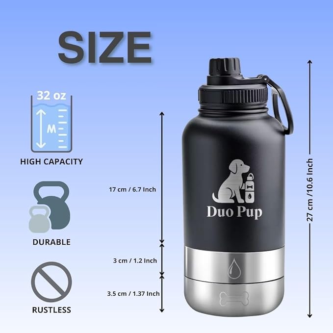 DuoPup 32oz Insulated Stainless Steel Pet Water & Food Bottle – Portable Leak-Resistant Dispenser with Two Detachable Bowls & Carrying Strap – Travel, Hiking & Outdoor Pet Hydration – Pink