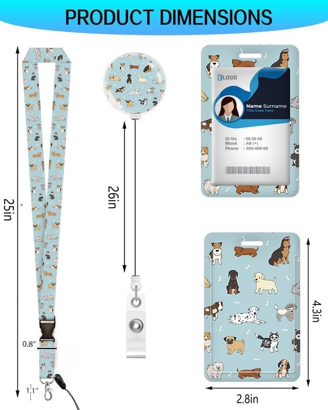 ID Badge Holder with Retractable and Detachable Lanyard, Cute Badge Reel Breakaway Lanyard with Carabiner Clip for Teachers, Nurses, Perfect Work and Office(Cute Dogs)