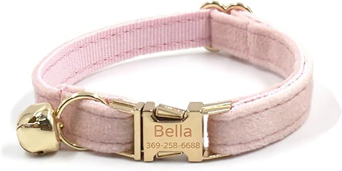 Colorful Velvet Custom Cat Collar, Personalized Cat Collar with Name, Engraved Collar for Small Large Cat Kitten with Bell (Light Pink,L)