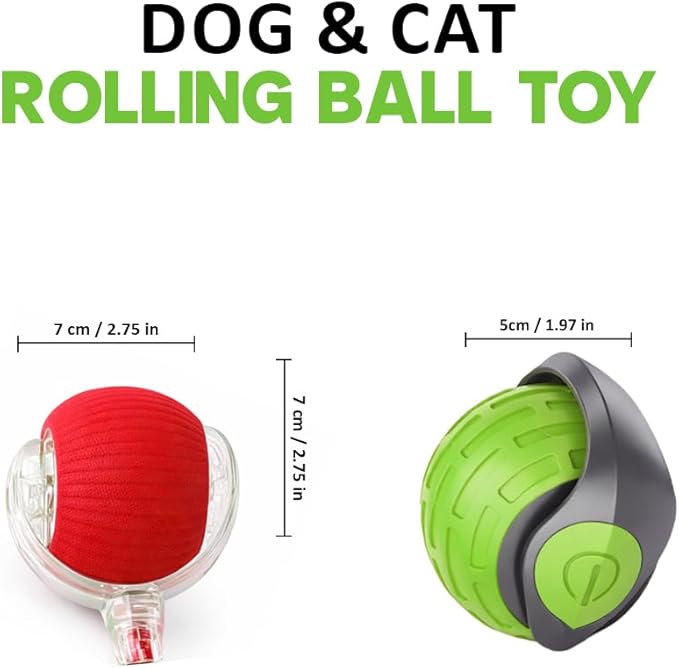 KBLZONE Interactive Cat Ball Toy – Smart Rolling Pet Ball with Obstacle Avoidance, USB Rechargeable, Cord Tail Design – Fun Enrichment Toy for Indoor Cats & Small Dogs (Green + Red)