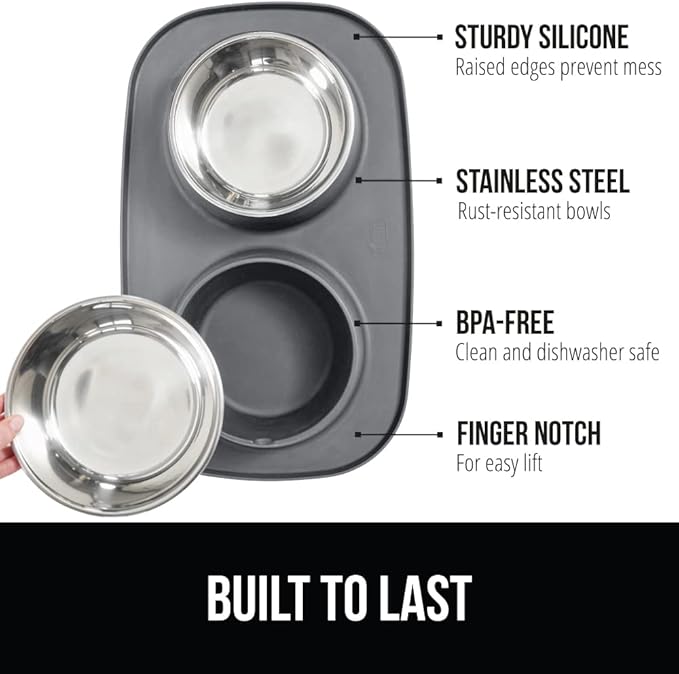 GORILLA GRIP Feeding Mat Set, 3 Cup, Patent Pending 100% Waterproof BPA Free Silicone, Stainless Steel Cat and Dog Bowls, Slip Resistant, High Edges Catch Water Food, US Designed Pet Accessories, Gray