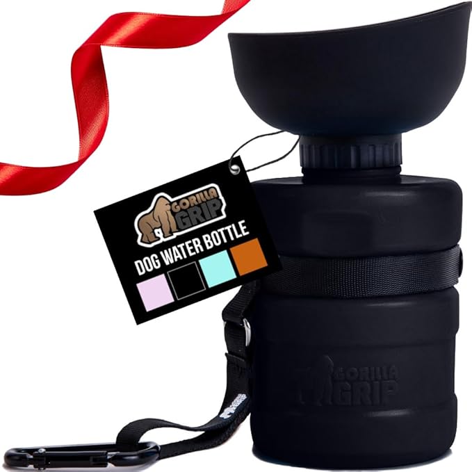 GORILLA GRIP Dog Water Bottle, Portable Water Bowl Dispenser for Dogs, 20 oz Leak Proof Pet Travel Squeeze Bottles Food Grade Silicone, Pet Stocking to Go Puppy Essentials, Black