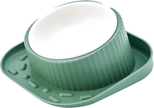 ZNPET Elevated Cat Bowl, 15° Tilted Raised Cat Dog Food Bowls, Ceramic Food Bowl for Indoor Cat, Pets Bowls with Non-Spill & Anti-Slip Base (Green)
