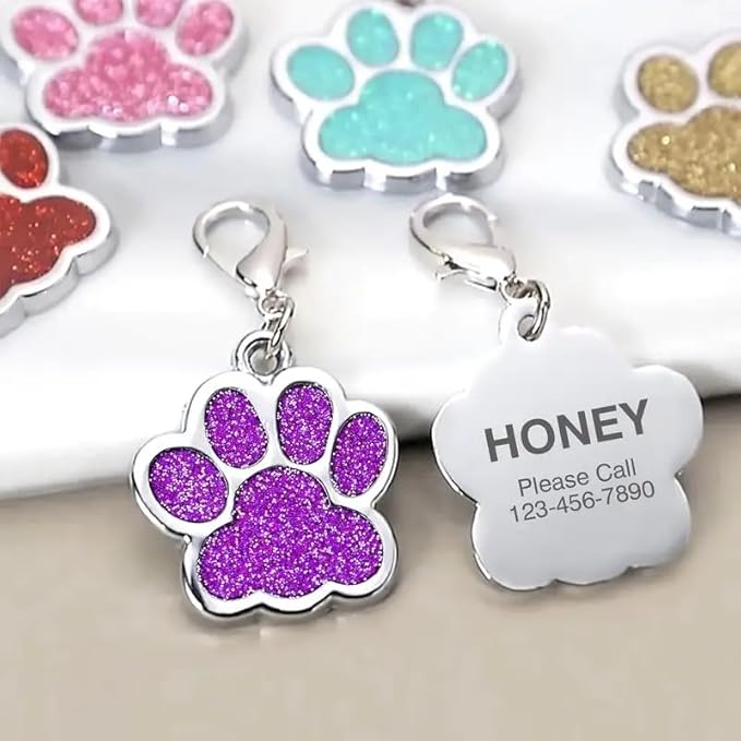 Cute Personalized Pet Name Tags for Cats/Dogs - Glitter Custom pet id tag, Dog id Tags Engraved for Pets, cat tag, pet Collar Charms, Dog Name tag (Paw-Shaped-Small: Silver)