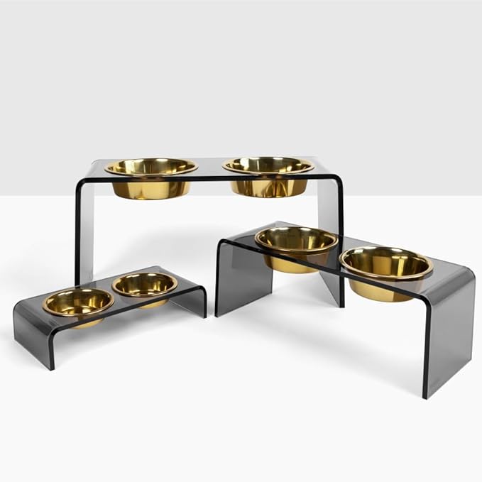 Hiddin Double Elevated Dog Bowl Stand for Small or Medium Dogs, All Breeds, Smoke Grey Acrylic 3.5 Inch Raised Dog Bowl Stand with Two Gold Bowls for Food and Water - 1.5 Cups Each Dish
