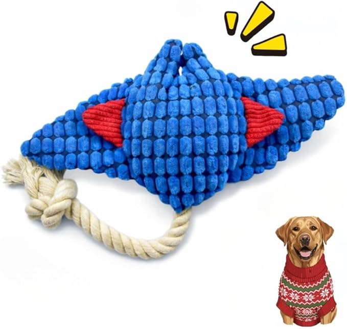 Durable Blue Fish Plush Dog Chew Toys with Squeaker – Tough Stuffed Ocean Animal with Natural and Safe Cotton Fill for Aggressive Chewers, Teething Puppies, and Small, Medium, and Large Breeds