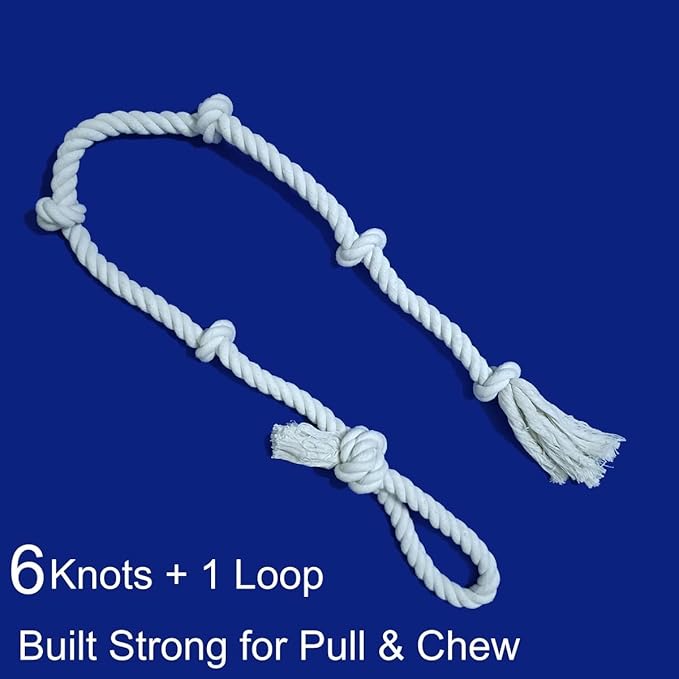 GOGOTAIL Heavy-Duty 51" White Cotton Rope Dog Toy – 6-Knot Tug & Dental Chew with Loop – Durable, Washable, Natural & Safe for Medium & Large Dogs – Indoor & Outdoor Play