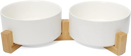 OniAnt Dog Food Bowl, 28.7 oz Ceramic Modern Design, Dog Water and Food Bowl with Wood Stand, for Puppy & Cat, Non-Slip Feeding Station with Weighted Base, White