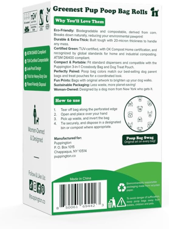 Puppington Certified Home Compostable Poop Bags - ASTM D6400 Compliant - 270 Extra Thick Bags - Plant Based - Pairs with Puppington 3-in-1 Bag & Fits all Standard Poop Bag Dispensers (Navy Blue)