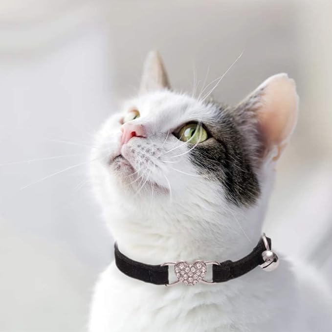 BINGPET Cat Collar Breakaway with Bell, Pack of 2 Heart Bling Collar Safety with Soft Velvet Adjustable for Kittens