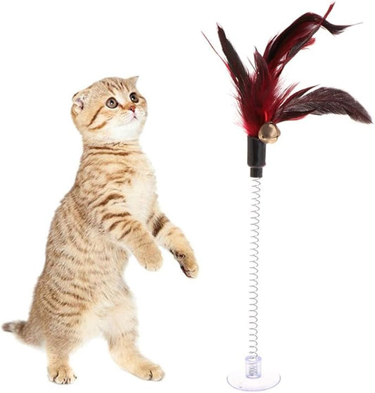 Cat Feather Toy with Suction Cup, Interactive Spring Teaser, Hands Free Self Play Wand, Window Kitten Chaser Stick